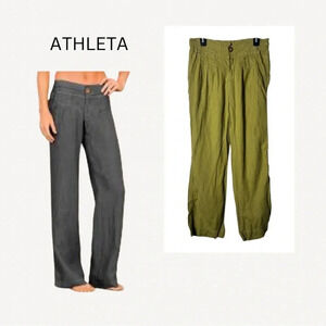 2033. ATHLETA LAGOO LINEN 2 PANTS OLIVE GREEN IN COLOR SIZE‎ 6 PLEATED IN FRONT